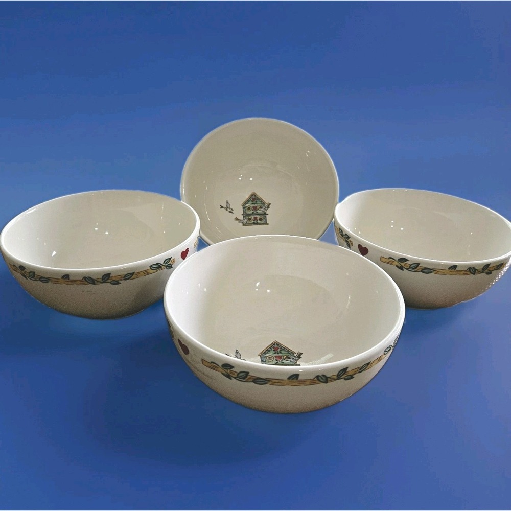 Thomson Pottery Birdhouse Soup-Cereal Bowls Set of 4 Cottagecore Replacement Lot